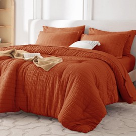 MUXHOMO 7 Pieces King Comforter Set, Seersucker Bed in a Bag King Size, All Season Luxury Bedding Set with Comforter, Flat Sheet, Fitted Sheet, Pillowcases & Shams, Burnt Orange
