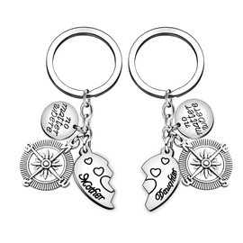 2 Pieces Mother Keyring Ring Set No matter Where Mother Daughter Love Forever Compass Pendant Gift Women Girls, silver