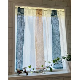 Ponoa Luxury Embroidered Cafe Curtain, Striped, Scandinavian Style, Stylish, Blue, Beige (Width 59.1 x Length 27.6 inches (150 cm) x Length 27.6 inches (70 cm), 1 Panel Included