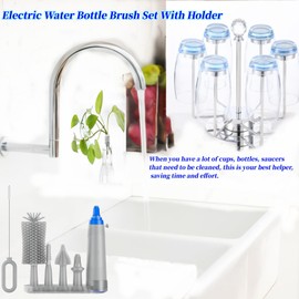 Electric Baby Bottle Cleaner with Drying Rack, Silicone Bottle Brush Set, Easy-Grip Handle, Rechargeable/Waterproof Spinning Brush, Grey