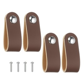 PATIKIL Leather Drawer Pulls, 4 Pcs Leather Handle Single Hole Cabinet Dresser Knobs with Screws for Bathroom Kitchen Dresser Cupboard Door, Brown