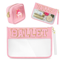 FUKEFUKEUS 2 Pcs Chenille Letter Bag,Clear Toiletry Bag,Clear Beach Purse,Portable Travel Makeup Pouch with Zipper, PVC Cosmetic for Airport Airline Compliant