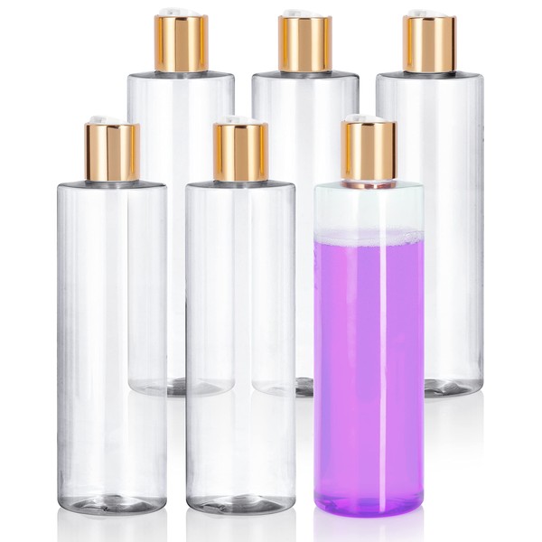 JUVITUS 12 oz Clear Professional Cylinder PET Plastic Bottles (BPA Free) (6 Pack, Gold Disc Cap)