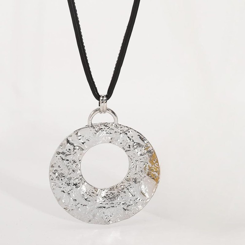 Douxsu Black Leather Rope Silver Circle Necklace for Women (Silver)