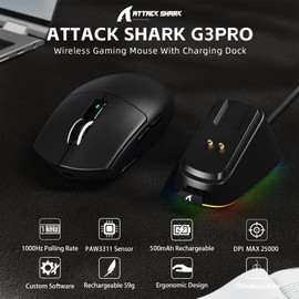 ATTACK SHARK G3PRO Wireless Gaming Mouse with RGB Charging Dock,2.4G/USB-C Wired/BT PAW3311 Optical Sensor 1K Polling Rate Adjustable 25K DPI,500mAh Battery Ultra Lightweight 59g Mice(Black)