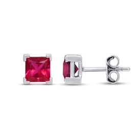 4.5mm Princess Cut Simulated Ruby Stud Earrings in 14k White Gold Over Sterling Silver