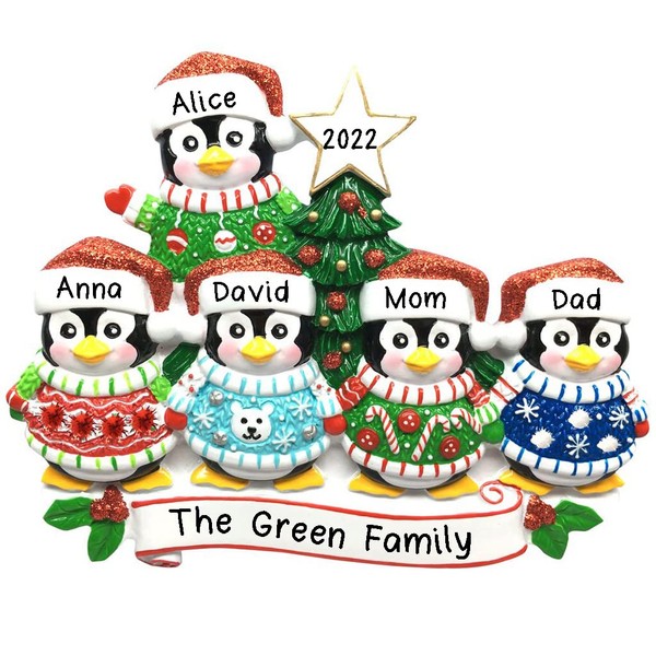 Personalized Festive Ugly Christmas Sweater Penguin Family Christmas Ornament-Free Personalized