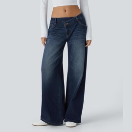 Halara Flex Asymmetric Low Rise Zipper Pockets Baggy Wide Leg Washed Casual Jeans#TikTokShopBacktoSchool:_Paint Blue Denim_regular_L(12-14)