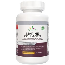 Hydrolysed Marine Collagen Peptides Tablets 1200mg with Hyaluronic Acid, Vitamins C, E, B12, Copper, Zinc, & Iodine - High Strength Supplements for Women & Men - Hair Skin and Nails - 60 Tablets