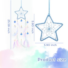 AfitLulu Dream Catcher Moon and Star Wall Hanging Room Decor Dreamcatcher, Handmade Colorful Feathers Dream Catchers Bedroom Accessories with Beads and Plush Balls for Home Decor (Blue)