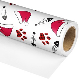 Dtiafu Cat Christmas Wrapping Paper Roll Christmas Hat and Cat Paw Fishbone Design Xmas Gift Wrap Paper for Holiday Winter Party Celebration - Total 28.5sq.ft