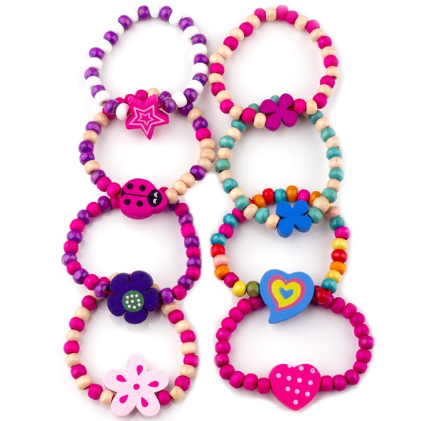 Little Princess Party Jewellery 8 Wooden Beaded Friendship Bracelets for Girls - Party Bag Fillers for Kids Party - Christmas Birthday Party Favours