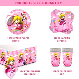 41st Birthday Party Supplies Set, Super Princess Peach Party Tableware, Children's Birthday Girl Party Tableware, Plates, Cups, Napkins, Tablecloth for Children's Birthday, Enough for 10 Guests