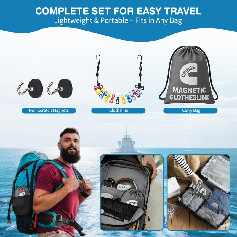 Magnetic Clothesline for Cruise Ship Cabin Approved, Strong Rubber Coated