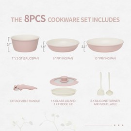 BECIGAR 8PCS Ceramic Cookware,Nonstick Pan, Removable Handle Ceramic Pots and Pans Set, Stackable Set, Nonstick Pan Pots and Pans Set Non Stick pot(Pink)