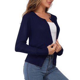 Newshows Women's Solid Button Down Long Sleeve Classic Crew Neck Knit Cardigan Sweater(Navy,Large)