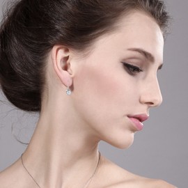 Gem Stone King 14K White Gold White Created Sapphire and White Diamond Leverback Dangle Earrings For Women (2.43 Cttw, Gemstone September Birthstone, Round 6MM)