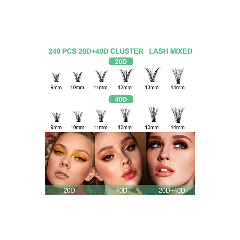 Fenshine Cluster Eyelash Extensions 240pcs 20D/40D Cluster Eyelashes Mixed, 0.07