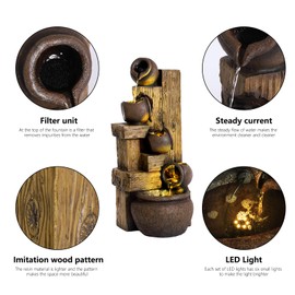 LEISU 5-Tiers Outdoor Indoor Fountains Modern Resin Floor-Standing Cascading Water Feature Fountain with LED Lights,Garden Deck Patio Porch Backyard Court (Pottery Jar + Wooden Stake Modeling)