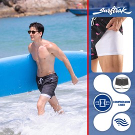 SurfTrak Swim Trunks Mens Bathing Suit 5 inch Inseam with Compression Liner Beach Swim Shorts Stretch Quick Dry Pockets, Blackshell, 32