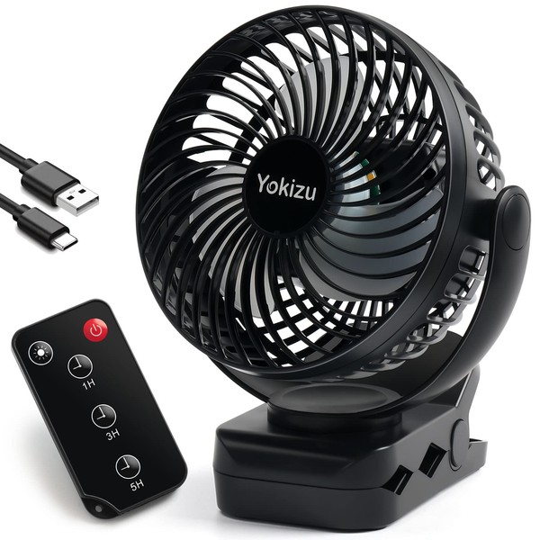 Yokizu Desktop Fan, Clip, USB, Small, Quiet, Rechargeable, 8,000 mAh, 55 H Continuous Use, LED Light, Power Bank, 3 Levels, Powerful, For Cars, Living Room, Camping, Office, Toilet, Black