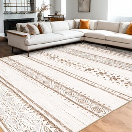 BESTSWEETIE 8x10 Area Rug for Living Room Washable Rug Moroccan Farmhouse Neutral Geometric Soft Low Pile Non-Slip Water Repellent Rug for Dining Room Bedroom Cream/Brown