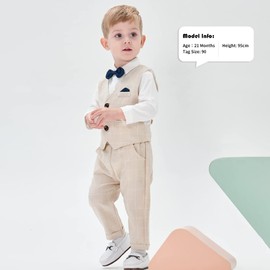Volunboy Baby Suit Boys' Suit Vest Shirt with Bow Tie for Festive Wedding Clothing Set 4-Piece, Khaki plaid
