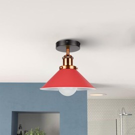 DC Voltage Vintage Ceiling Light Semi Flush Mount Industrial Metal 22cm Red E27 Holder Lamp Shade for Living Room Kitchen Bedroom Hallway Corridor Restaurant