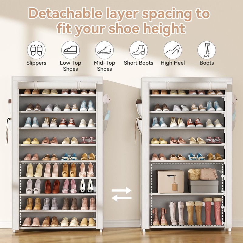 LANTEFUL Shoe Rack with Covers 10 Tier Tall Shoe Rack
