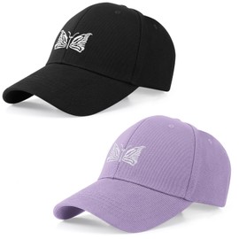 2 Pack Womens Baseball Cap, Butterfly Embroidered Baseball Cap Adjustable Cotton Peak Cap Outdoor Sports Golf Running Visor for Women Black, Purple