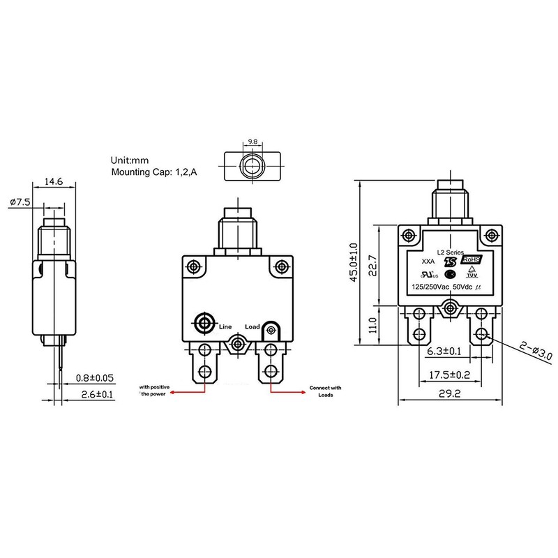 ZOOKOTO 15A DC50V AC125-250V Push Button Reset Circuit Breakers with