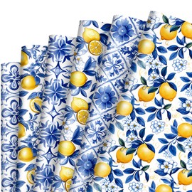 JarThenaAMCS 12 Sheet Chinoiserie Lemons Wrapping Paper -Not Roll- Watercolor Blue Tiles Lemon Gift Wrap Paper Folded Flat Art Paper for DIY Crafts Gift Wrapping, 19.7 x 27.6 Inch