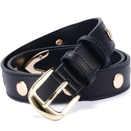 XDGBGFN Women Fashion Leather Belt with Gold Buckle for Jeans Pants Dress Vintage Punk Studded Belts (Gold Buckle-black)