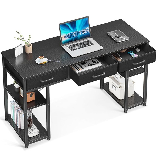 ODK Office Small Computer Desk: Home Table with Fabric Drawers & Storage Shelves, Modern Writing Desk, Black, 48"x16"
