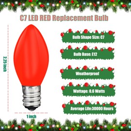 25 Pack C7 Led Red Light Bulbs, 0.6W LED Replacement Bulbs for Outdoor Christmas String Lights, C7/E12 Candelabra Base Candles Bulbs, Energy-Efficient LED Night Lights Bulbs, Dimmable
