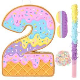 Aoriher Summer Number Pinata Strawberry Birthday Pinata Sweet Ice Cream Pinata with Stick Blindfold Confetti for Girls Summer Theme Birthday Babyshower Party Game Supplies Decor (Ice Cream, Number 2)