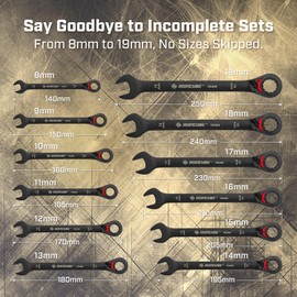 ironcube Reversible Ratcheting Wrench Set: 12-Piece Metric 8-19mm - Tough Black - Wax Canvas Storage Bag - Automotive and Motorcycle Repair Tools