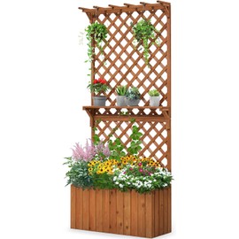 Quictent Raised Garden Bed Wood Planter Box with Lattice Trellis for Vine Climbing Plants Flower Free-Standing, for Patio Garden Indoor Outdoor 29x12x70 in