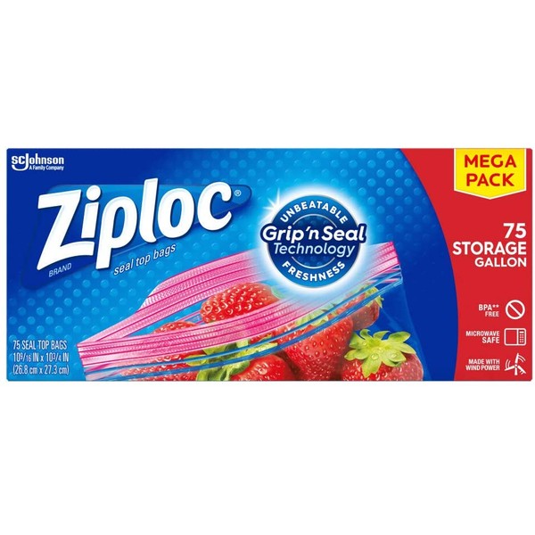 Ziploc Storage Bags with New Grip 'n Seal Technology, for Food, Sandwich, Organization and More, Gallon, 75 Count