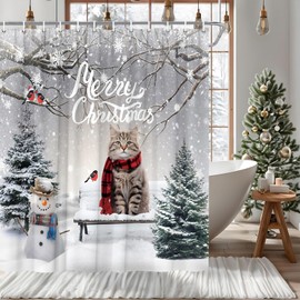 Funny Christmas Cat Shower Curtain Cute Kitten Sitting in Bench Snowman Winter Snow Pine Tree Red Bird Nature Scenery Lovely Pet Bathroom Decor Polyester Fabric Curtains with Hook 70Wx70H Inches