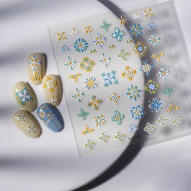 5D Embossed Nail Art Stickers Nail Decals Bohemia Flower Retro Yellow White Blue Designs Gel Nail Art Supplies Accessories Colorful Nail Stickers for Women Nail Decoration