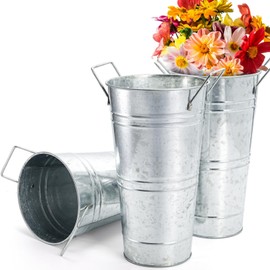 ZOOFOX 3 Pack Large Galvanized Metal Vases, 11 Inch Farmhouse French Flower Bucket Vase with Handles, Metal Floral Container for Cut Flowers, Flowers Arrangements, Table Centerpiece Wedding Decor
