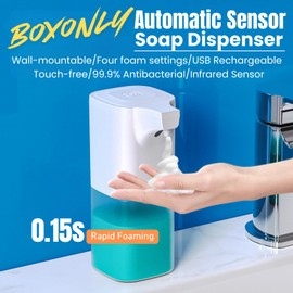 Boxonly Automatic Foaming Soap Dispenser, Rechargeable Touchless 12oz/350ml Foam Model with Wall Mount, 4 Adjustable Levels, Fast 0.15s Sensor, Ideal for Bathroom and Kitchen