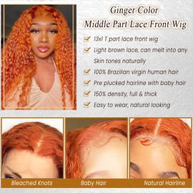 Curly Lace Front Wigs 24 Inch Ginger Deep Wave Real Human Hair Lace Frontal Wigs for Black Women Pre Plucked Hairline with Baby Hair 13x1 Middle Part Remy Hair Lace Wig with Baby Hair 150% Density