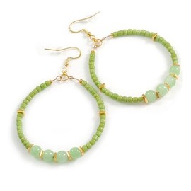 Sage Green Glass Bead Hoop Earrings with Pale Jade Accents, Gold Tone Spacers & 925 Sterling Silver Hooks – 70mm Drop