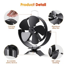 Yontwe Fireplace Fan 3-in-1 Magnetic 180° Rotation 5 Blades Quiet Fireplace Fan Stove Fan without Electricity Fireplace Fan for Wood / Firewood / Fire Pit / Stove Pipe with a Temperature Meter