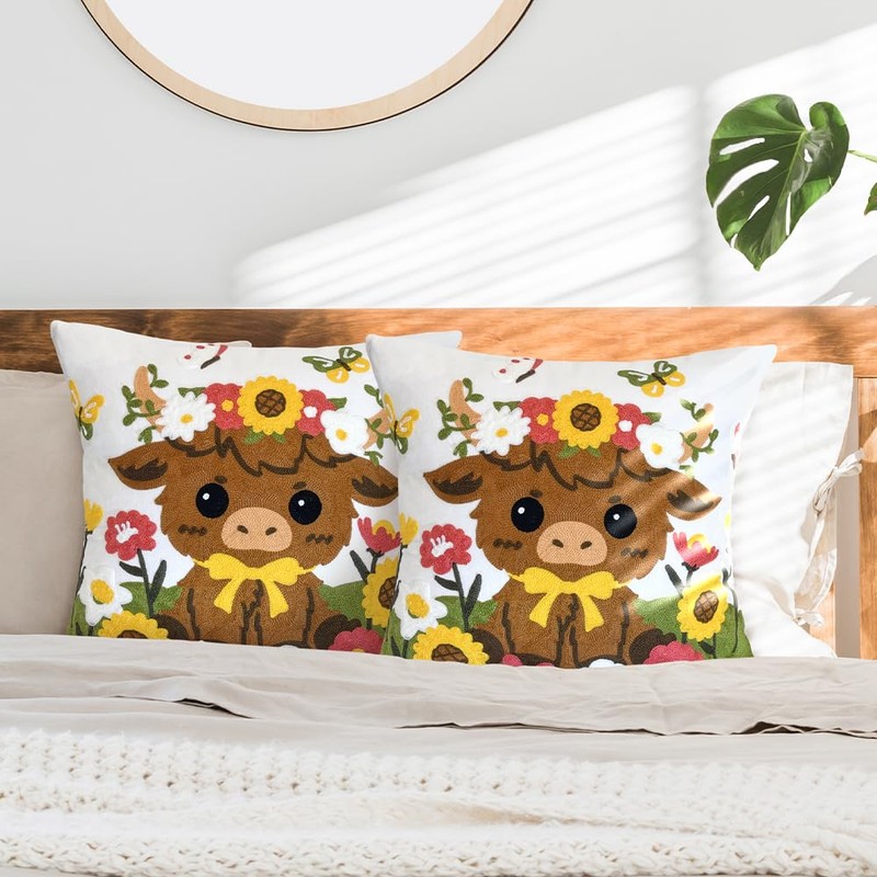OECTVD Highland Cow Embroidered Throw Pillow Cover - 18x18 Outdoor