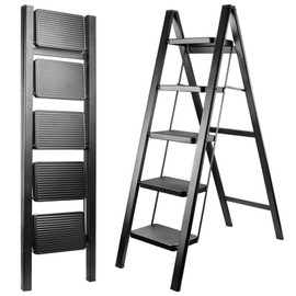 cozypony 5 Step Ladder,Foldable Step Stool with Wide Anti-Slip Pedals, Sturdy Steel Ladder Collapsible Portable Ladders Hold up to 500 lbs for Home and Kitchen Black