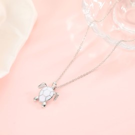 ATIMIGO Cute White Sea Turtle Pendant Necklace Created Opal Necklace Silver Chain Animal Jewelry Mothers' Day Gift for Women