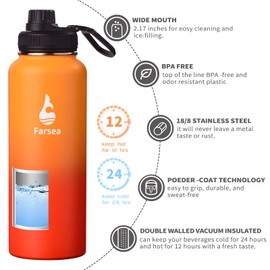 Farsea Insulated Water Bottle With Paracord Handle, Protective Silicone Boot and 2 Lids (Straw Lid & Spout Lid), Stainless Steel Water Bottle Wide Mouth, Double Wall Sweat-Proof BPA-Free, 40 oz